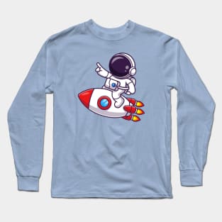 Cute Astronaut Pointing On Rocket Cartoon Long Sleeve T-Shirt